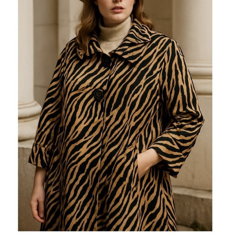 Vtg E-Colo-Gie Womans Zebra Print Button Front Trench Coat‎ Jacket Tan Black 3x